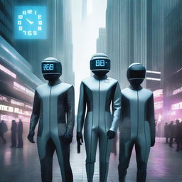 The cover shows a group of people dressed in futuristic suits and technological visors, in an advanced but gloomy urban landscape