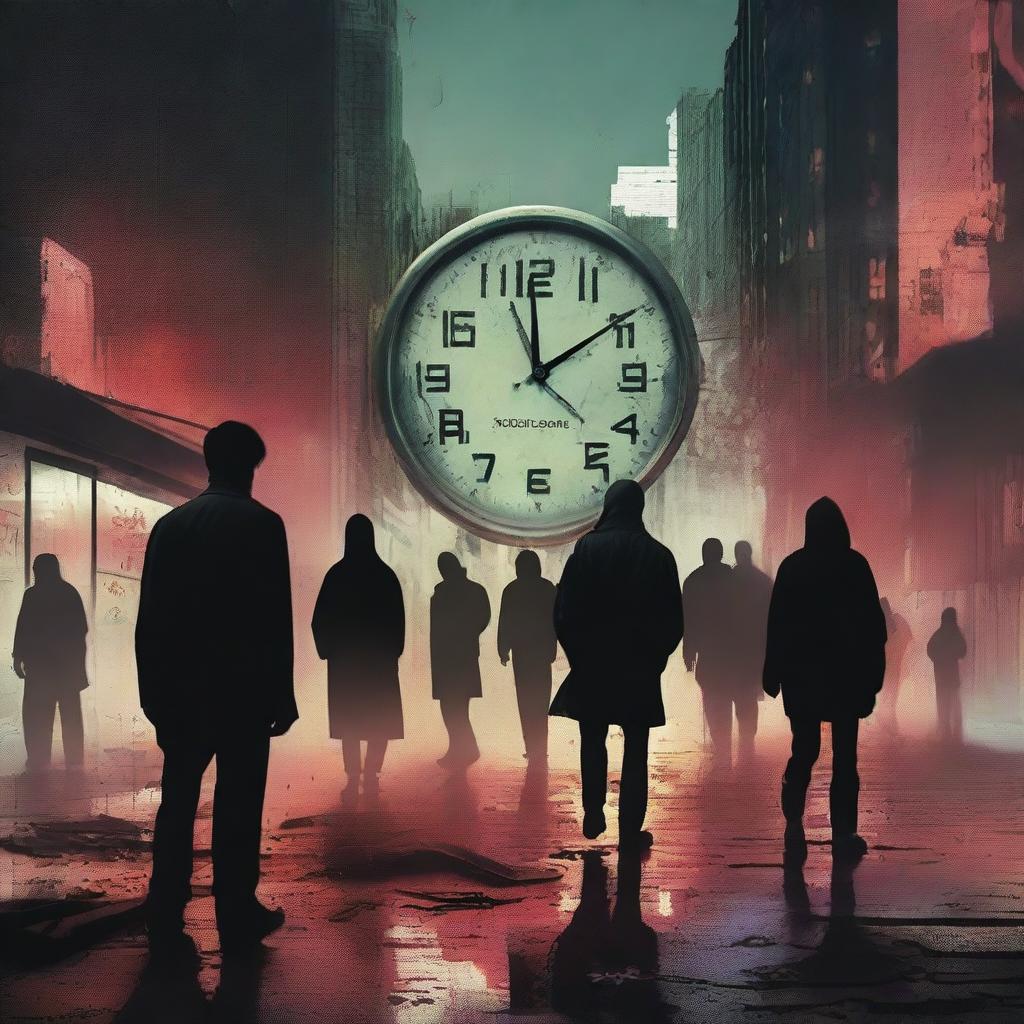 The cover shows a group of people in an advanced but gloomy urban landscape