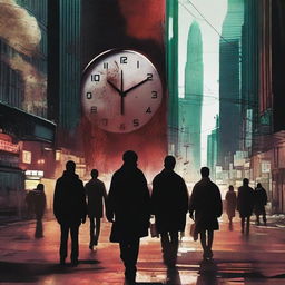 The cover shows a group of people in an advanced but gloomy urban landscape