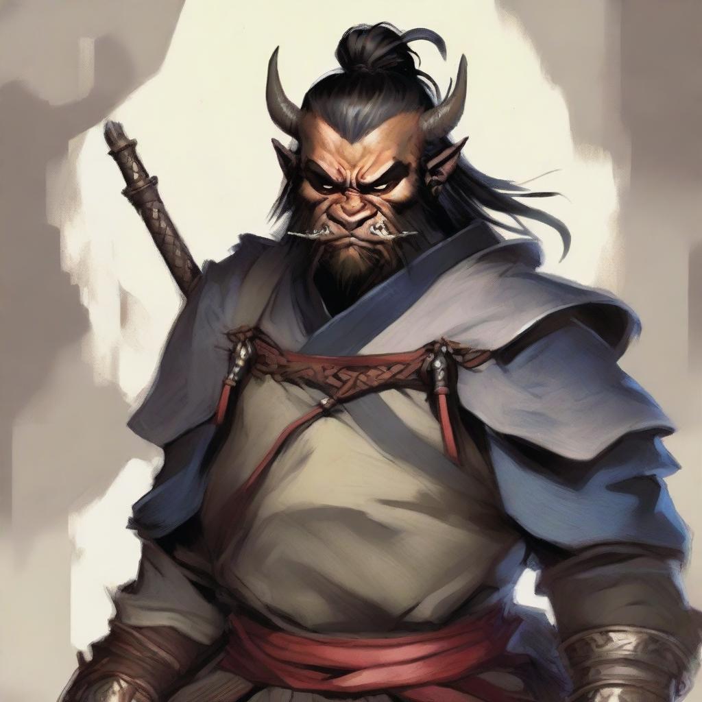 A male bugbear from Dungeons and Dragons with black hair in a top knot, wearing traditional Japanese samurai plate armor