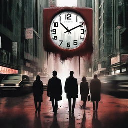 The cover shows a group of people in an advanced but gloomy urban landscape