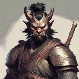 A male bugbear from Dungeons and Dragons with black hair in a top knot, wearing traditional Japanese samurai plate armor