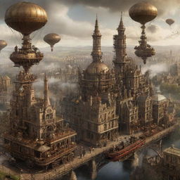 A steampunk-inspired view of the United Kingdom, featuring London's iconic landmarks merged with Victorian-era mechanical constructs, the moors of Scotland hosting steam-powered machines, and Wales' landscapes enchanted with intricate airship designs.