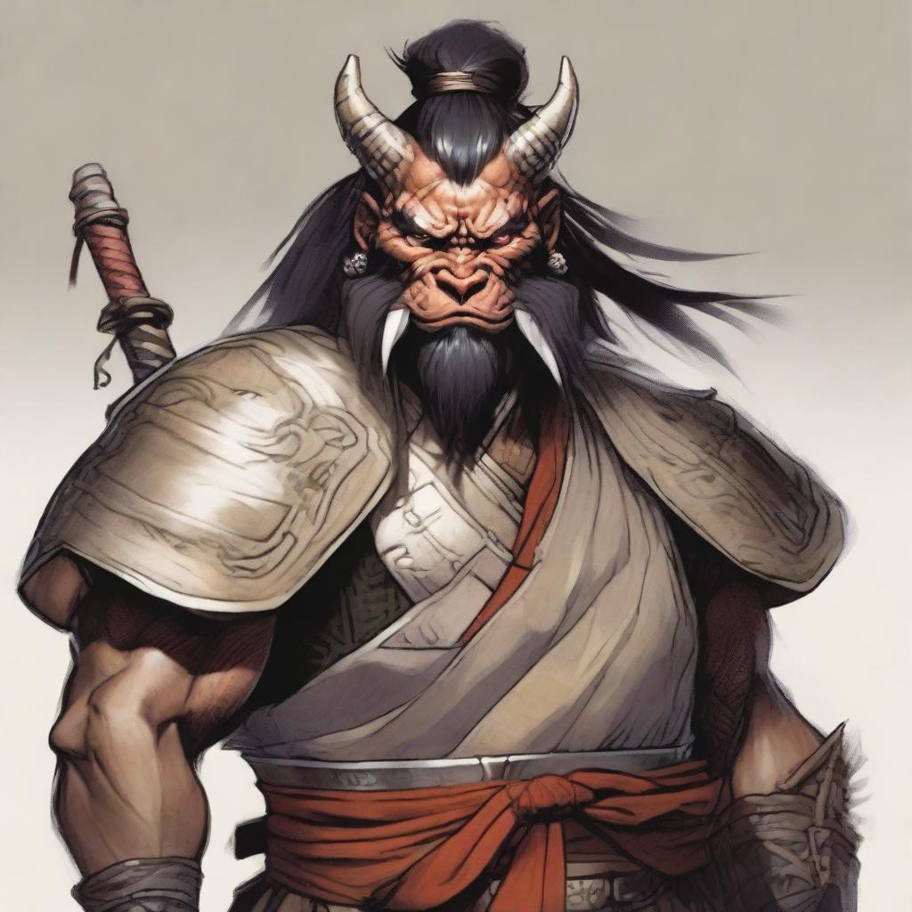 A male bugbear from Dungeons and Dragons with black hair in a top knot, wearing traditional Japanese samurai plate armor