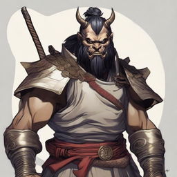 A male bugbear from Dungeons and Dragons with black hair in a top knot, wearing traditional Japanese samurai plate armor