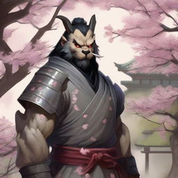 A male bugbear from Dungeons and Dragons with his black hair in a top knot, wearing traditional Japanese samurai plate armor