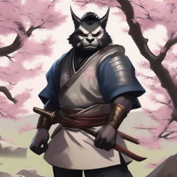 A male bugbear from Dungeons and Dragons with his black hair in a top knot, wearing traditional Japanese samurai plate armor