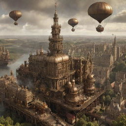 A steampunk-inspired view of the United Kingdom, featuring London's iconic landmarks merged with Victorian-era mechanical constructs, the moors of Scotland hosting steam-powered machines, and Wales' landscapes enchanted with intricate airship designs.