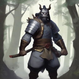 A male bugbear from Dungeons and Dragons with his black hair in a top knot, wearing traditional Japanese samurai plate armor