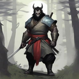 A male bugbear from Dungeons and Dragons with his black hair in a top knot, wearing traditional Japanese samurai plate armor