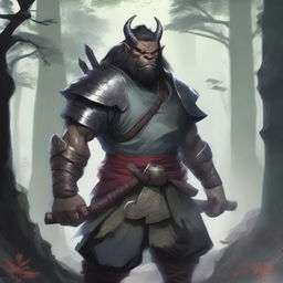 A male bugbear from Dungeons and Dragons with his black hair in a top knot, wearing traditional Japanese samurai plate armor