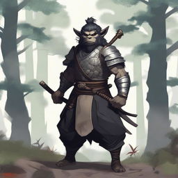 A male bugbear from Dungeons and Dragons with his black hair in a top knot, wearing traditional Japanese samurai plate armor