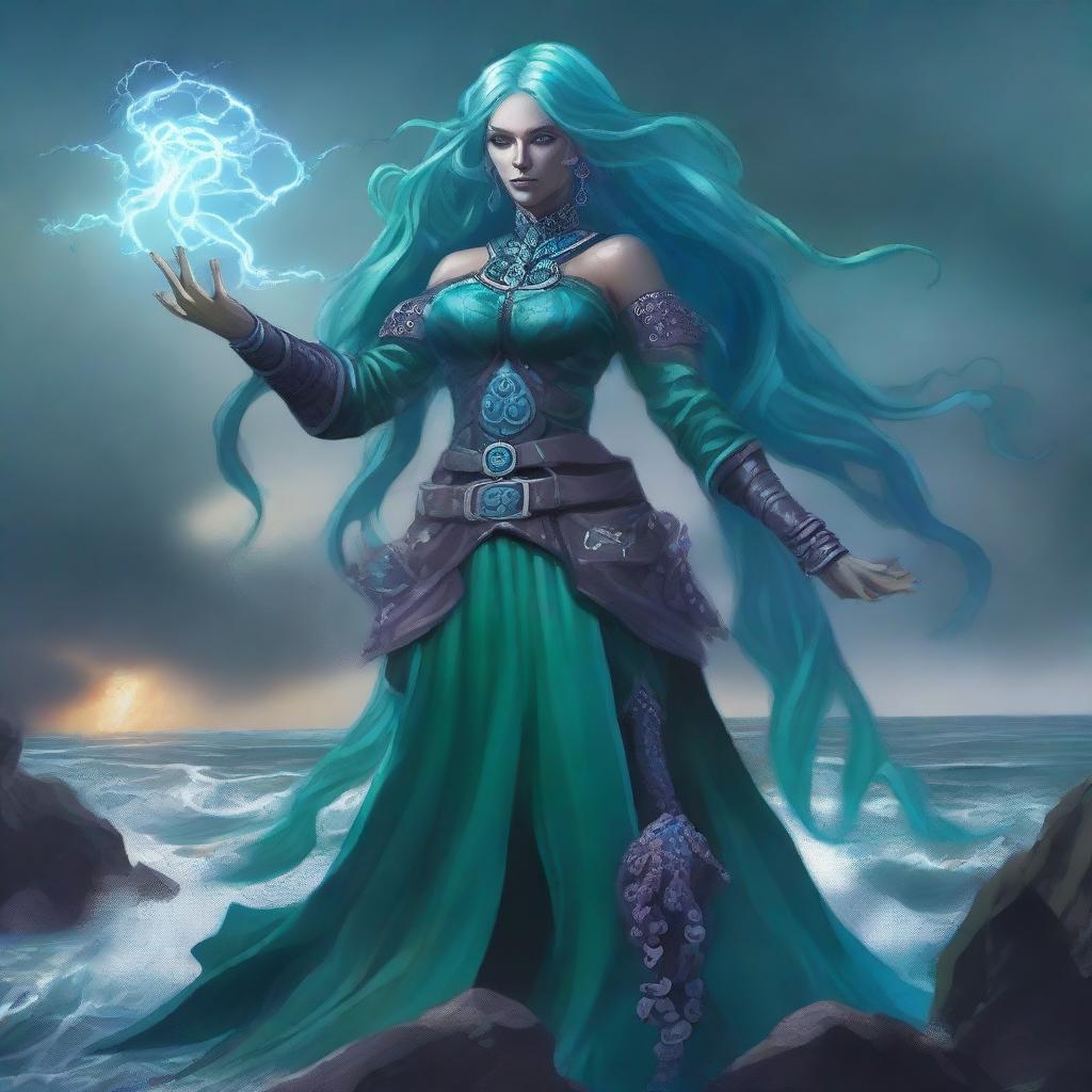 A breathtaking warlock, a fusion of human and octopus, stands on a rocky shore by the sea