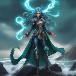 A breathtaking warlock, a fusion of human and octopus, stands on a rocky shore by the sea