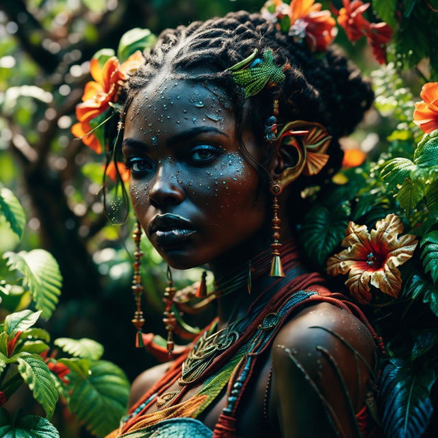 Hyper-realistic 3D image of an intense close-up of a different African elf woman with braids in a rococo outfit, standing in a vibrant, magical African jungle. Her face is intricately detailed, and the image is shot with immaculate composition and lighting.