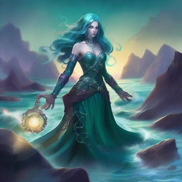 A breathtaking warlock, a fusion of human and octopus, stands on a rocky shore by the sea