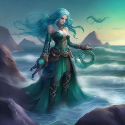 A breathtaking warlock, a fusion of human and octopus, stands on a rocky shore by the sea