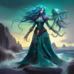 A breathtaking warlock, a fusion of human and octopus, stands on a rocky shore by the sea