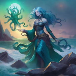 A breathtaking warlock, a fusion of human and octopus, stands on a rocky shore by the sea