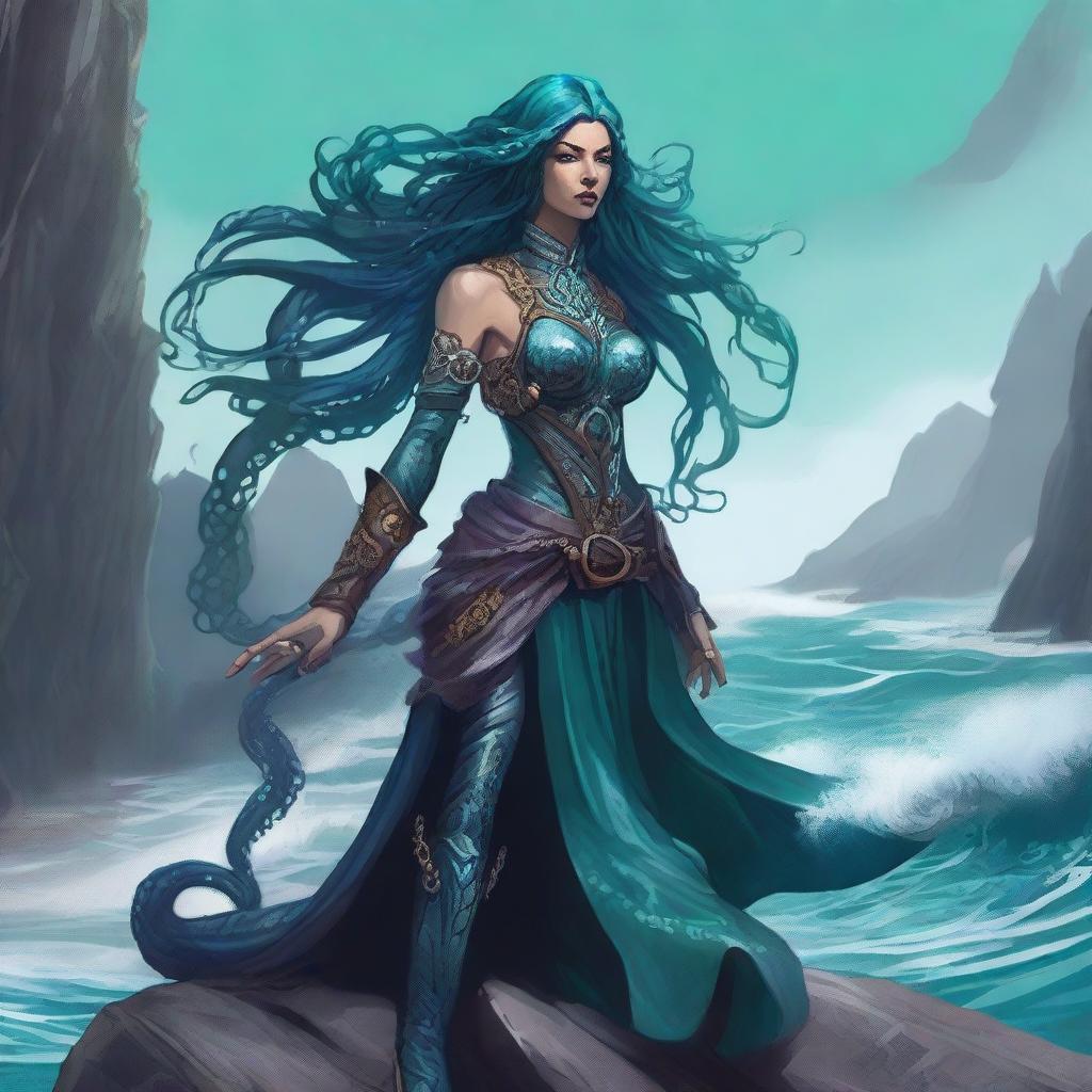 A stunning warlock, blending human and octopus traits, perches upon a craggy seaside cliff