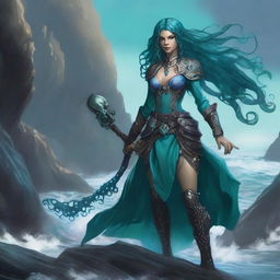 A stunning warlock, blending human and octopus traits, perches upon a craggy seaside cliff