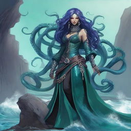 A stunning warlock, blending human and octopus traits, perches upon a craggy seaside cliff