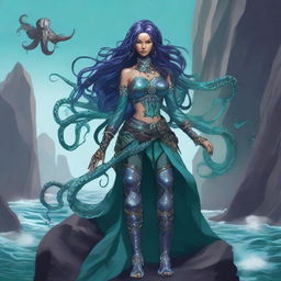 A stunning warlock, blending human and octopus traits, perches upon a craggy seaside cliff