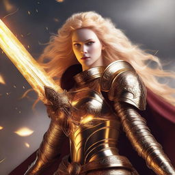 A mighty queen with glowing golden hair, roaring as she brandishes a mighty greatsword