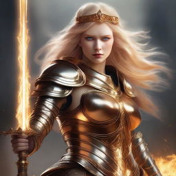 A mighty queen with glowing golden hair, roaring as she brandishes a mighty greatsword