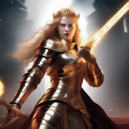 A mighty queen with glowing golden hair, roaring as she brandishes a mighty greatsword