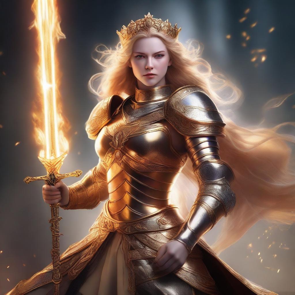 A mighty queen with glowing golden hair, roaring as she brandishes a mighty greatsword