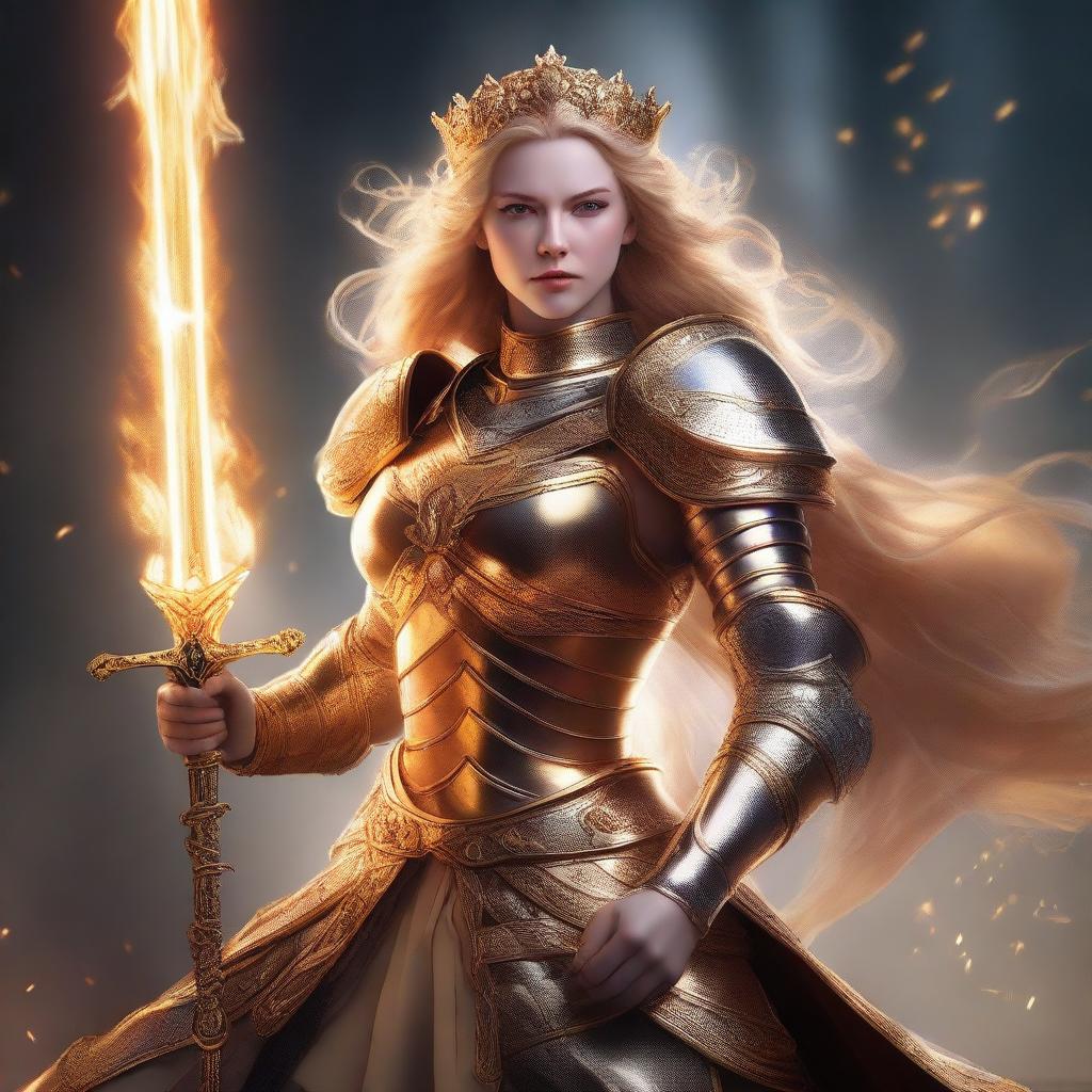 A mighty queen with glowing golden hair, roaring as she brandishes a mighty greatsword