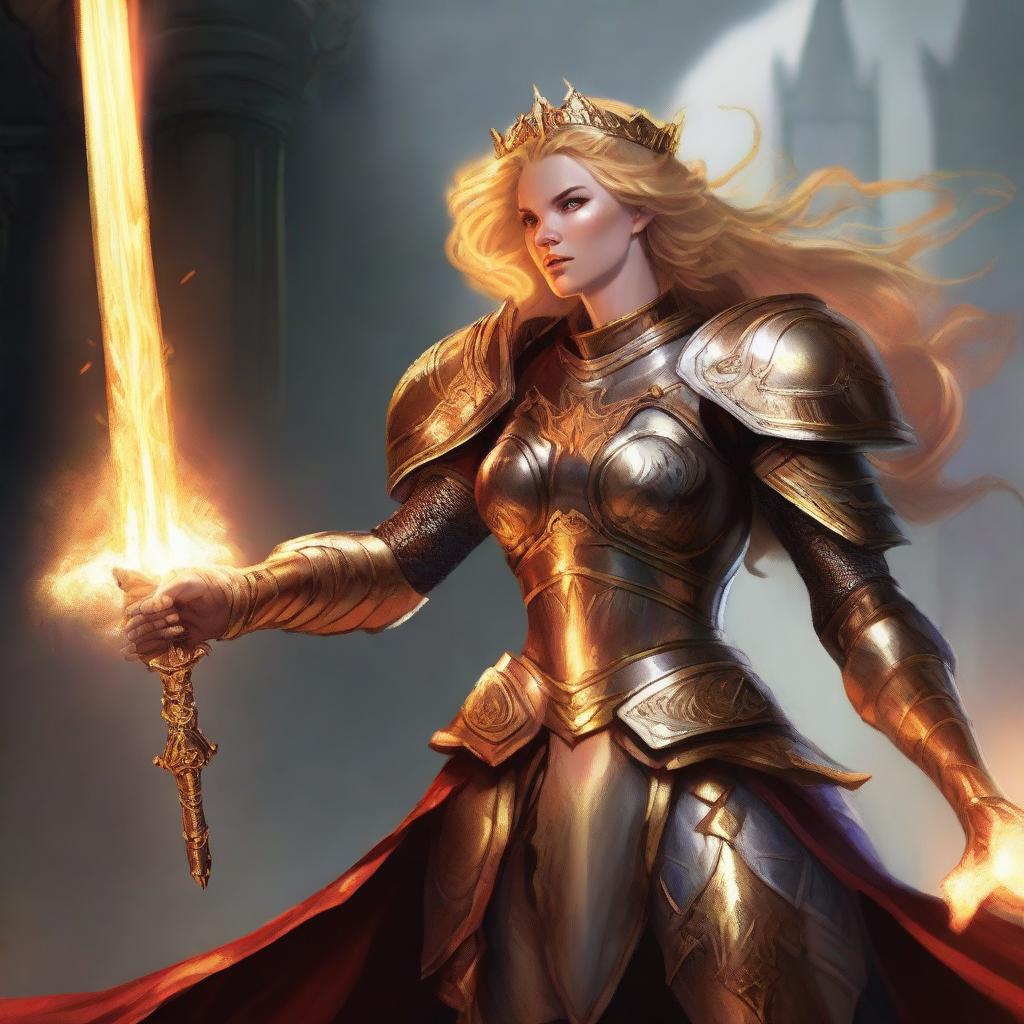 A mighty queen with glowing golden hair, roaring as she brandishes a mighty greatsword