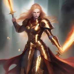 A mighty queen with glowing golden hair, roaring as she brandishes a mighty greatsword