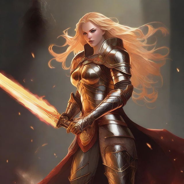 A mighty queen with glowing golden hair, roaring as she brandishes a mighty greatsword