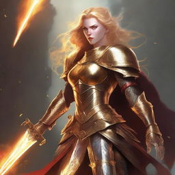 A mighty queen with glowing golden hair, roaring as she brandishes a mighty greatsword