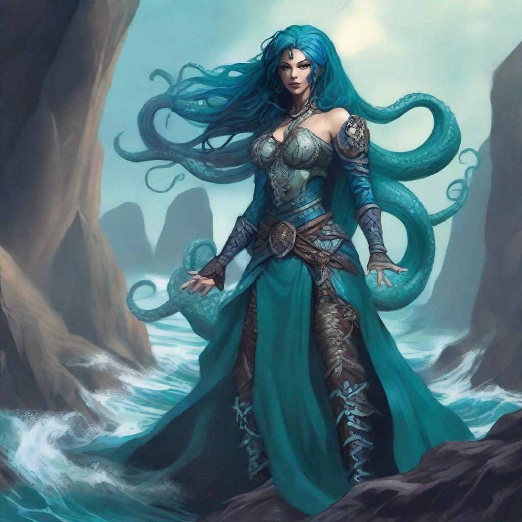 A stunning warlock, blending human and octopus traits, perches upon a craggy seaside cliff