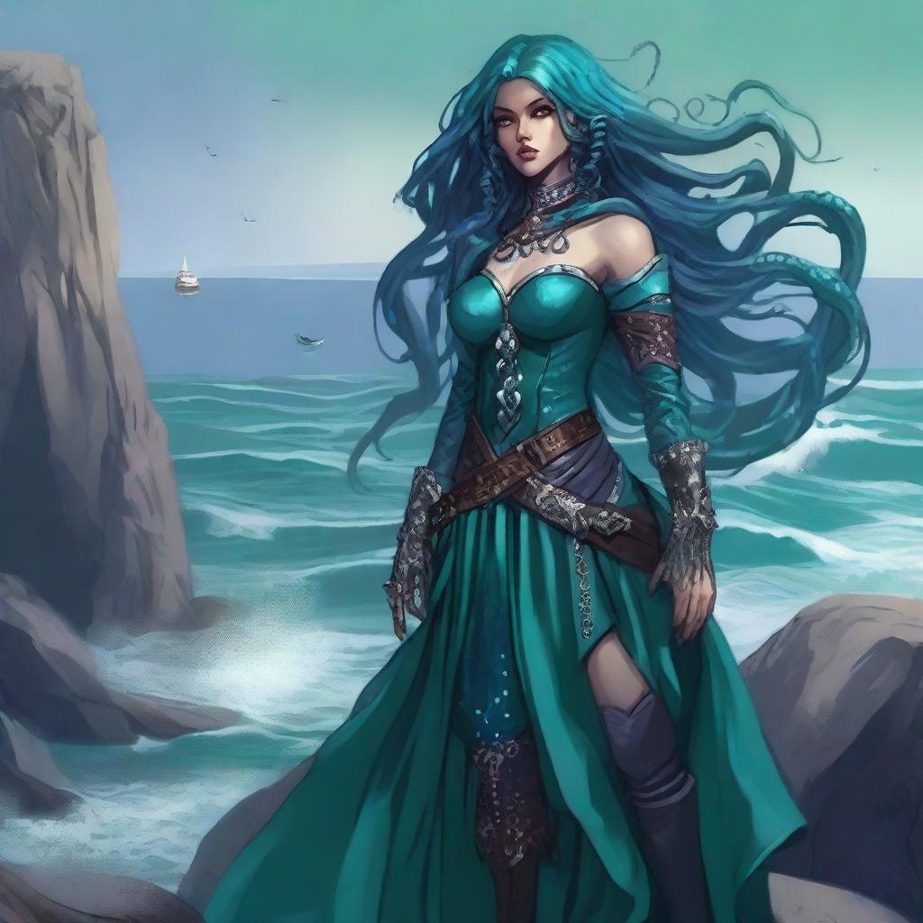 A stunning warlock, blending human and octopus traits, perches upon a craggy seaside cliff