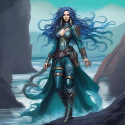 A stunning warlock, blending human and octopus traits, perches upon a craggy seaside cliff