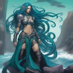 A stunning warlock, blending human and octopus traits, perches upon a craggy seaside cliff