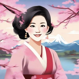 A detailed and vibrant illustration of an Asian girl with a cheerful expression, wearing traditional attire