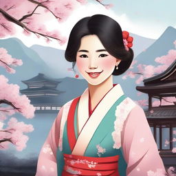 A detailed and vibrant illustration of an Asian girl with a cheerful expression, wearing traditional attire