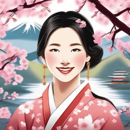 A detailed and vibrant illustration of an Asian girl with a cheerful expression, wearing traditional attire