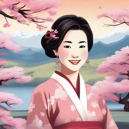 A detailed and vibrant illustration of an Asian girl with a cheerful expression, wearing traditional attire