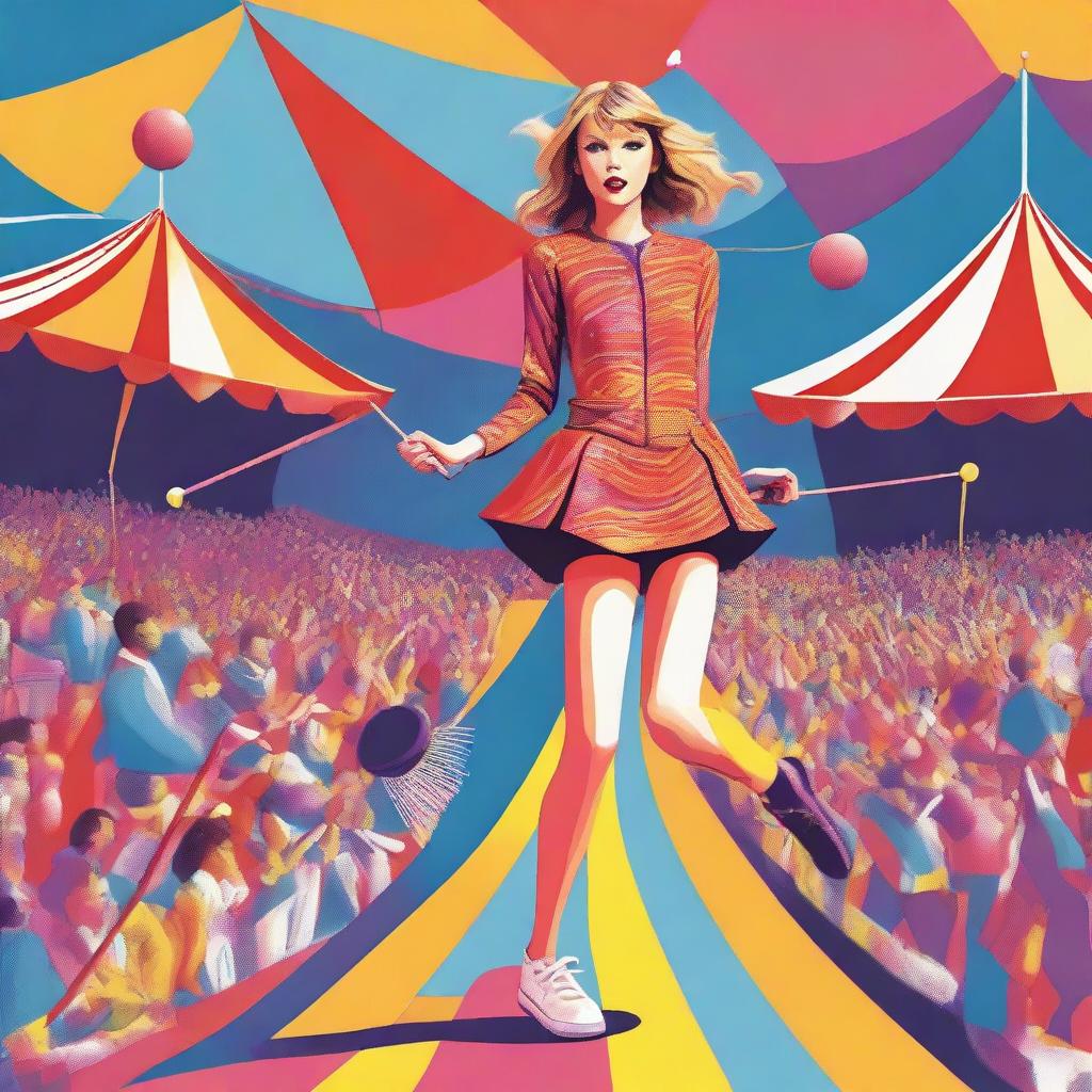 A detailed illustration of Taylor Swift wearing a colorful track suit, juggling pins while riding a unicycle on a tightrope