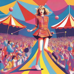A detailed illustration of Taylor Swift wearing a colorful track suit, juggling pins while riding a unicycle on a tightrope