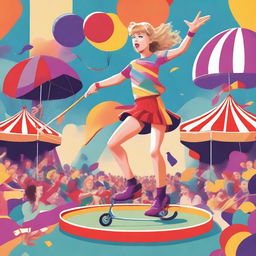 A detailed illustration of Taylor Swift wearing a colorful track suit, juggling pins while riding a unicycle on a tightrope