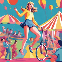 A detailed illustration of Taylor Swift wearing a colorful track suit, juggling pins while riding a unicycle on a tightrope