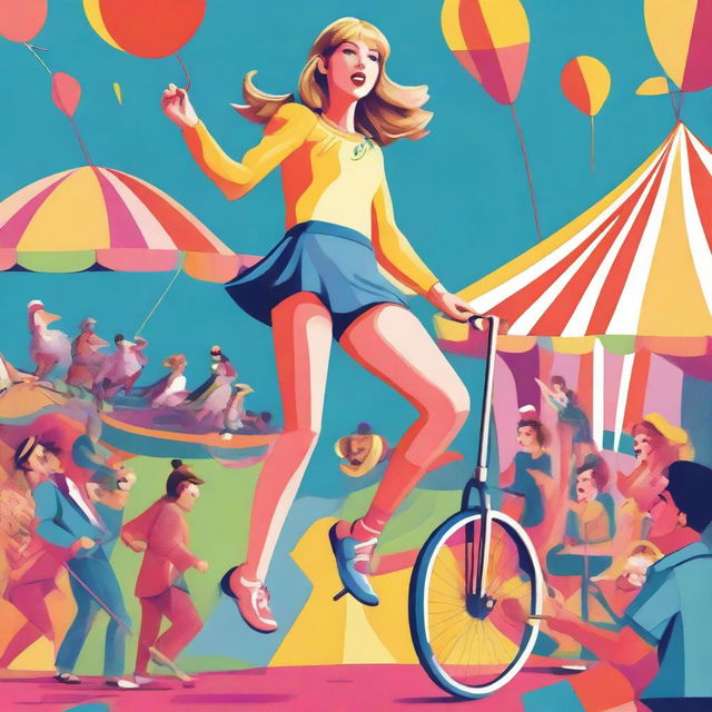 A detailed illustration of Taylor Swift wearing a colorful track suit, juggling pins while riding a unicycle on a tightrope