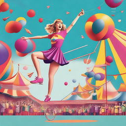 A detailed illustration of Taylor Swift wearing a colorful track suit, juggling pins while riding a unicycle on a tightrope